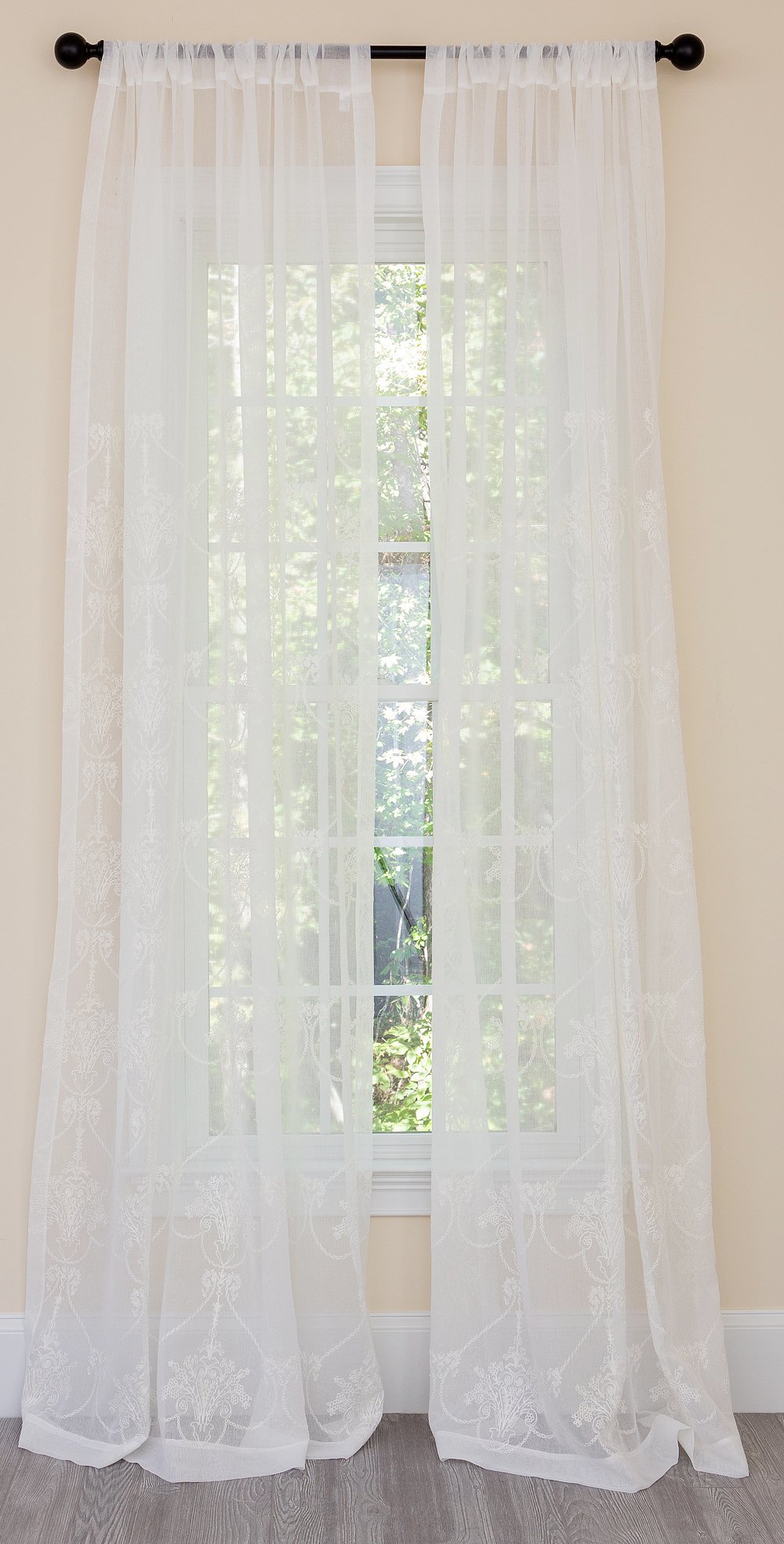 ML19007 Lillie Sheer Curtain featuring an intricate heart-shaped embroidered pattern in lightweight sheer fabric, available in White and Gold.